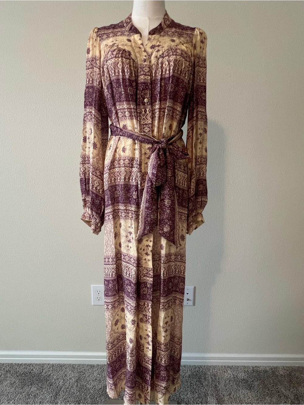 Maria Filó Boho Maxi Dress Beige & Burgundy Print Belted Long Sleeve Size P